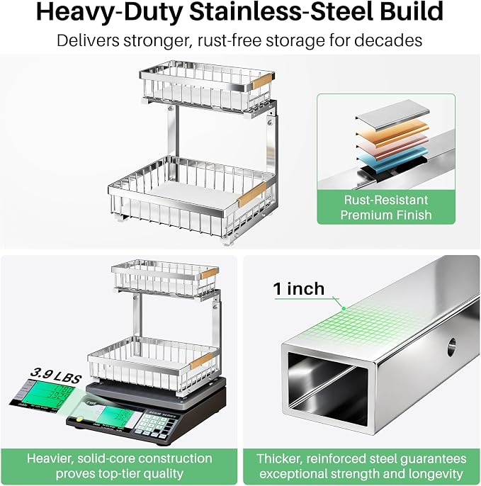 Kitstorack Under Sink Organizer, 2 Tier Under the Sink Storage, Slide out Pull out Cabinet Organizer Shelf, Metal Sliding Drawer for Kitchen Bathroom Pantry Closet Organization Rack, Silver, 2 Pack - Image 2