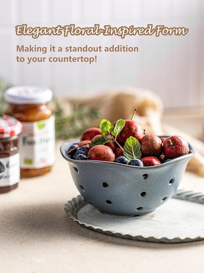 Gomakren Ceramic Berry Basket Set of 2, Elegant Fruit Bowl with Holes for Kitchen Counter, 6 Inch, Berries, Strawberry, Grape, Cherry, Floral Shape, Slate Blue, Dishwasher Safe - Image 4