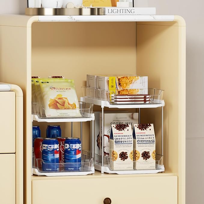 Delamu 3 Pack 2-Tier Bathroom Under Sink Organizers and Storage, Multi-Purpose Stackable Pantry Organization and Storage, Pull Out Clear Kitchen Bathroom Cabinet Organizer with Movable Dividers, White - Image 4