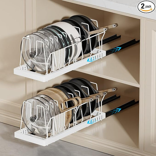 Magheo 2 Pack Pots and Pans Organizer Under Cabinet, 22" Deep Expandable Pull Out Pot Lid Organizer and Storage with 10 Adjustable Dividers No Drill Pot and Pan Holder Rack with Handle Bracket(White) by MAGHEO