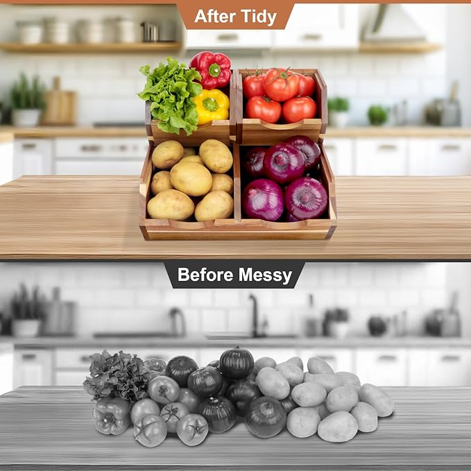 Acacia Wood Pantry Storage Bins, Stackable 3-piece set | Moisture-resistant hardwood with ventilated open front. Stores potatoes, onions, vegetables, and fruits on countertop - Image 8