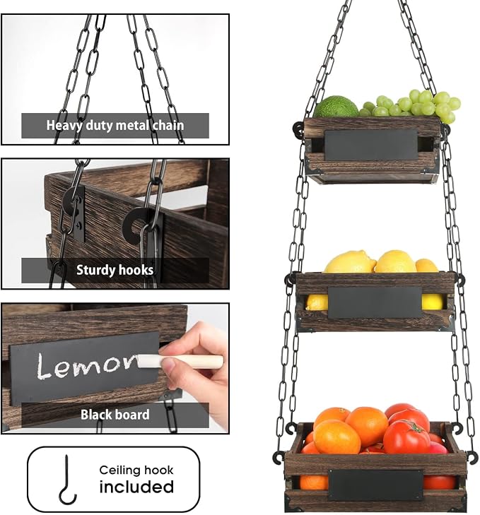 J JACKCUBE DESIGN 3-Tier Rustic Wood Hanging Fruit Basket, Kitchen Fruit, Vegetable Storage Organizer, Countertop Space Saver- Heavy Duty Metal Hooks- MK1008A - Image 4
