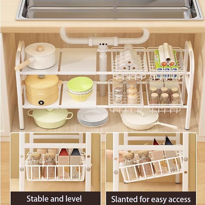 Under Sink Organizer，2 Tier Expandable Heavy Duty Metal Shelf，with 5 Removable Panels and 5 Storage Basket for Under Kitchen Bathroom Sink Organizers and Storage(White, Large) - Image 5