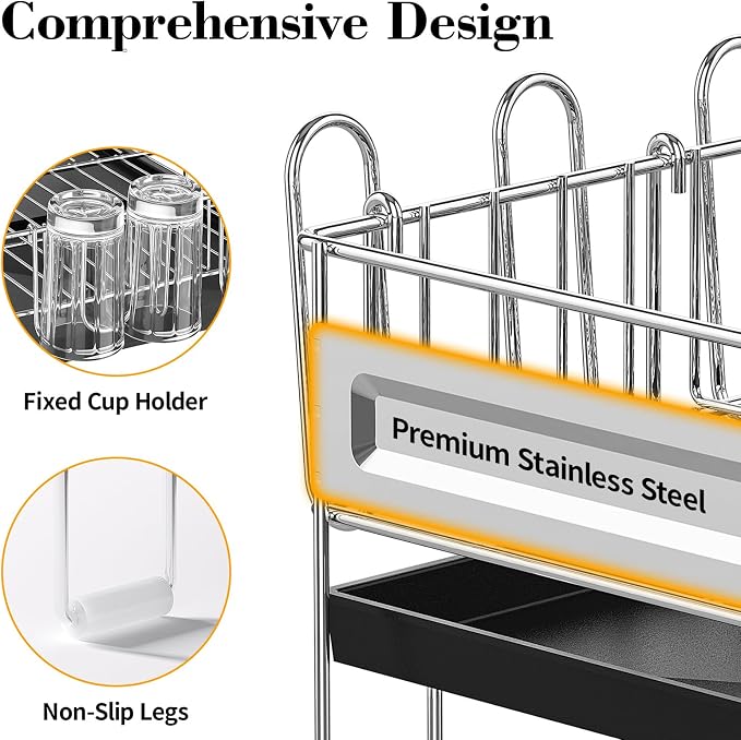 Delamu Large Dish Drying Rack, Stainless Steel Dish Racks for Kitchen Counter, Multifunctional Dish Drainer with Cutlery & Cup Holders, Extendable from 13.4 to 28.7 in, Black - Image 6