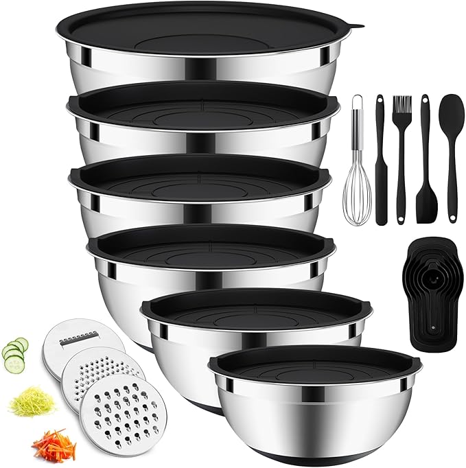 20-Piece Mixing Bowls Set with Airtight Lids – 6 Stainless Steel Kitchen Bowls (4.5QT, 4QT, 3.5QT, 2.1QT, 1.5QT, 1.1QT), 3 Grater Attachments, Non-Slip Silicone Bottoms, Perfect for Baking & Serving by ENVTEK