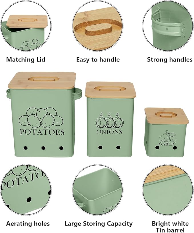 Kitchen Canisters Set, Storage Bin for Potato Onion & Garlic, 3 Pack Set Countertop Pots Containers with Wooden Lid - Potato Storage, Garlic Bin, Onion Keeper Tin with Aerating Holes-Green - Image 6