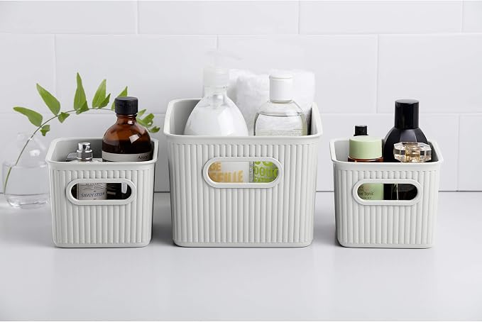 Superio Ribbed Collection - Decorative Plastic Basket Open Home Storage Bins Organizer, White (Set of 3) 1 Medium, 2 Small - Container Boxes for Organizing Closet Storage Bins for Shelves - Image 3
