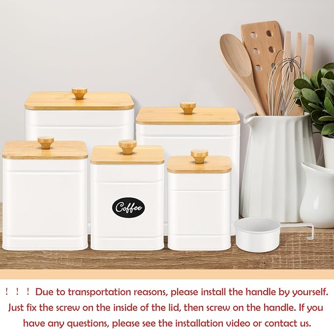 5 Pcs White Kitchen Canisters for Countertop with Labels Airtight Metal Containers Coffee Tea Sugar Flour Jars with Spoon Farmhouse Big Food Storage Set for Kitchen - Image 6