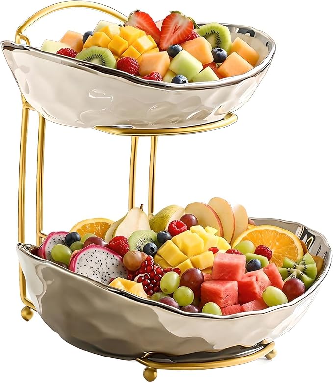 XUDREZ 2 Tier/ 3 Tier Fruit Bowl with Metal Stand for Kitchen Counter, Ceramic Gold Silver, Portable Tiered Fruit Basket Fruit Rack for Nuts, Snacks, Bread, Candy Storage (Silver, 2 Tier) - Image 3