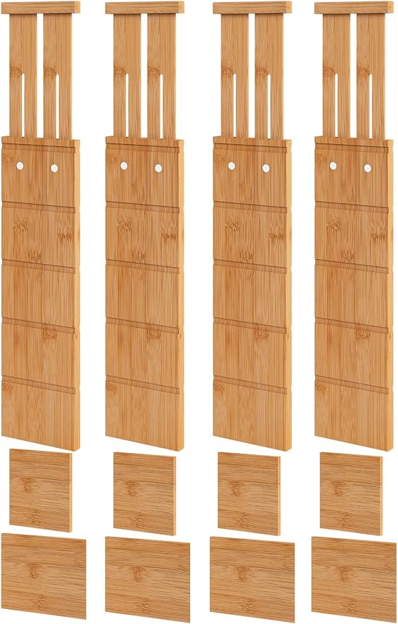 4.4" High Bamboo Drawer Dividers with Inserts, Kitchen Adjustable Drawer Organizers, Expandable Organization for Home, Office, Dressers, and Bathroom, 4 Divider with 8 Insert by VRICCC