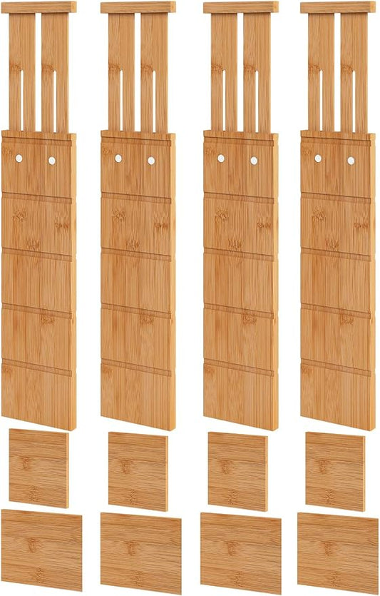 4.4" High Bamboo Drawer Dividers with Inserts, Kitchen Adjustable Drawer Organizers, Expandable Organization for Home, Office, Dressers, and Bathroom, 4 Divider with 8 Insert by VRICCC