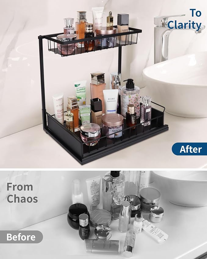 Under Sink Organizer,Metal Pull Out Kitchen Cabinet Organizer with Sliding Drawer,Sturdy Multi-Functional for Bathroom Organization,Black - Image 5