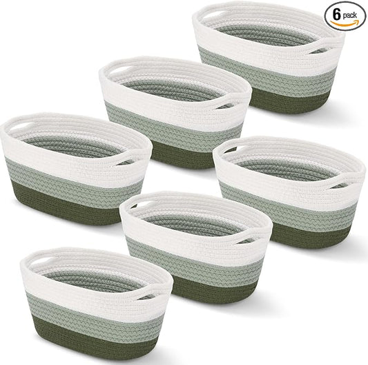 Sawysine 6 Pcs Storage Baskets Bulk for Organizing Cotton Rope Woven Basket with Handles for Gift Cloth Shelves Blanket Toys Living Room(Green and White) by Sawysine