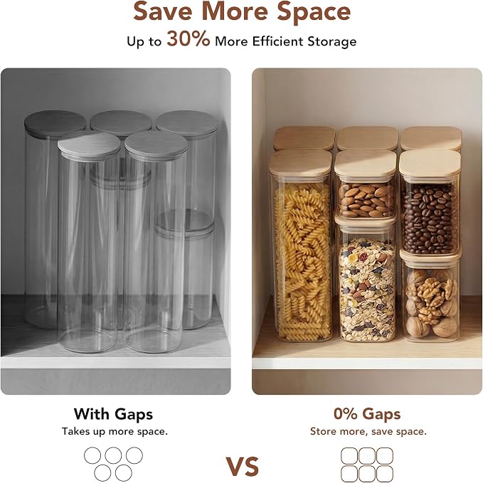 Square Glass Pasta Storage Containers, Set of 5, Pantry Organization & Storage Jars with Bamboo Lids, Stackable Borosilicate Kitchen Canisters for spaghetti, Sugar, Coffee, and Cereal - Image 2