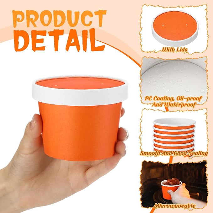 Fulmoon 100 Pack Paper Soup Containers with Lids Disposable Paper Food Containers with Vented Lid Kraft Ice Cream Cake Dessert Cups Soup Bowl for Party Hot Food Fruit Microwave(8 oz,Orange) - Image 5