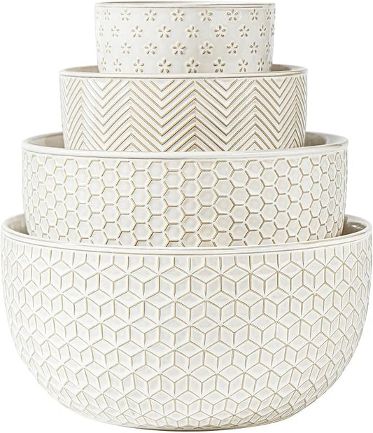 Ceramic Mixing Bowls, Embossed Nesting Bowls Set of 4, Mixing Bowl Set for Serving, Baking, Cooking and Gift, Microwave and Dishwasher Safe, 20/47/99/148 oz, Off-White by MIKIGEY