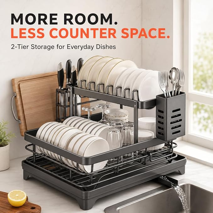 Large 2 Tier Dish Drying Rack for Kitchen Counter, Carbon Steel Dish Drainer with Drainboard and 360° Swivel Spout, Utensil, Knife and Cutting Board Holders, No Assembly Required, Grey - Image 3
