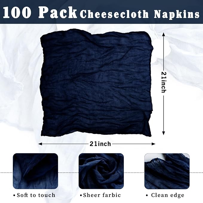 100 Pack Navy Blue Cheesecloth Napkins Washable Set of 100 Navy Blue Cloth Napkins 21x21 Inches Rustic Boho Cotton Gauze Dinner Table Napkins for Wedding Bridal Baby Shower Summer Party Table Decor - Image 3