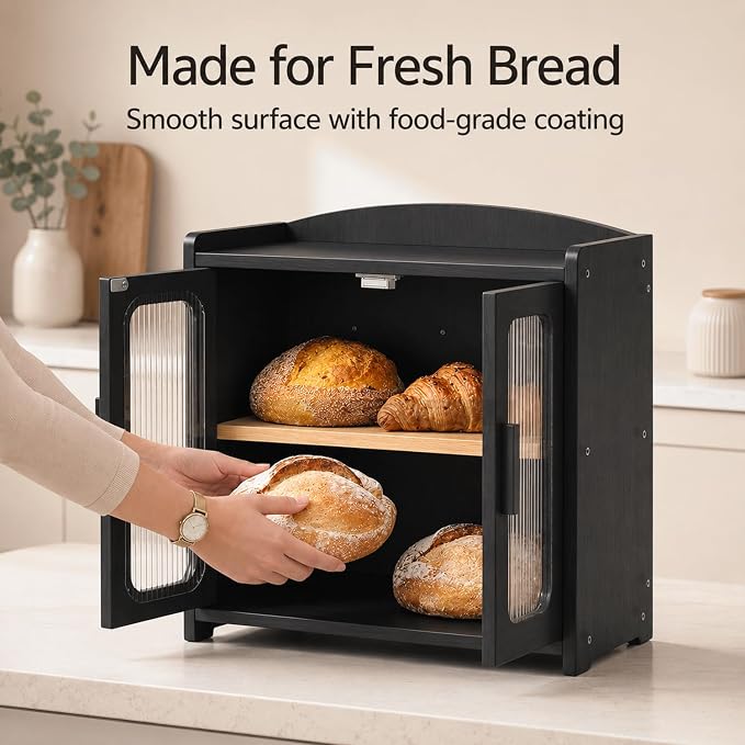 Premium Solid Wood Bread Box for Kitchen Countertop, 2-Tier Breadbox | Large Capacity, Corner Bread Box for Homemade Bread and Sourdough, Kitchen Countertop Organizer, Black - Image 7