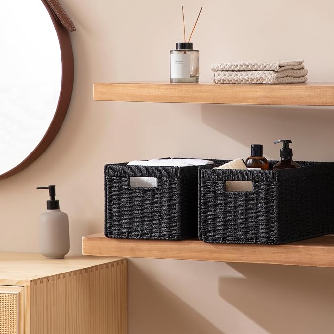 joybest Black Wicker Baskets for Shelves, Hand-woven Storage Baskets | 13.4L x 8.3W x 7.1H inch for Pantry, Kichen Organizing, Foldable Rectangular Bin with Handles, 4-pack - Image 7