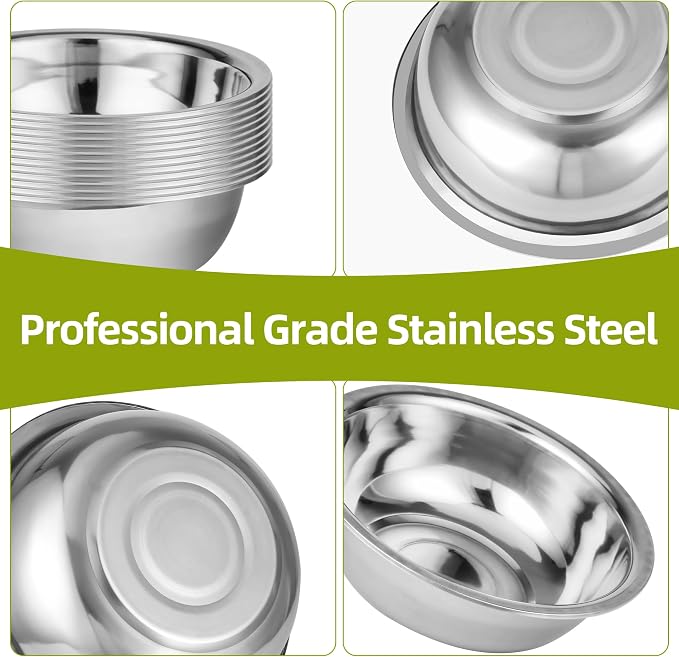 10 Pack 9.45 x 2.68 Inch Stainless Steel Mixing Bowls for Bulk Food Prep with Nesting Design for Hotel Restaurant and Home Kitchen Cooking in Silver - Image 3