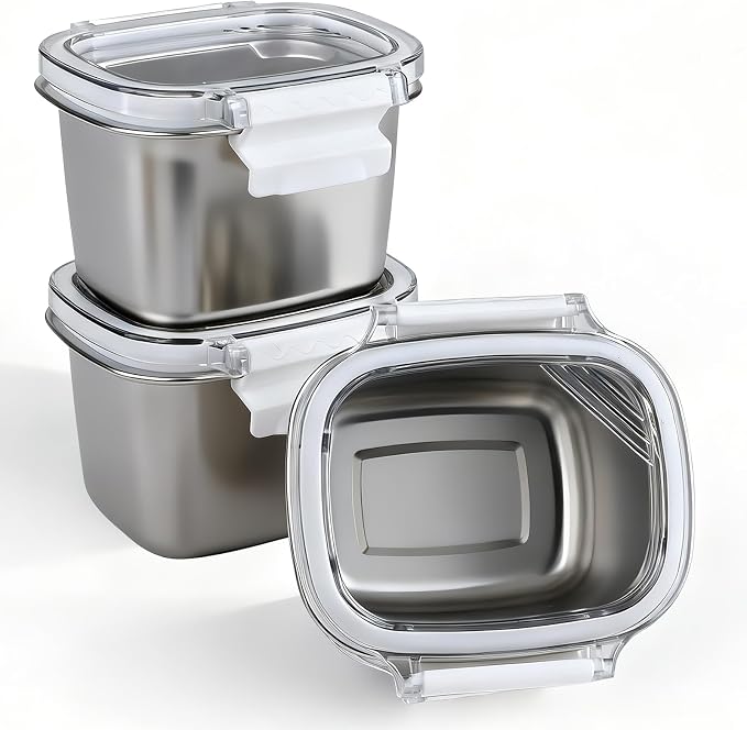 3 Piece 450ml/15.25oz Stainless Steel Containers with Lids | Food Storage Containers Leakproof Lunch Small Snack Boxs, Reusable Meal Prep Containers Suitable for Dips, Condiments, Snacks by EKACO