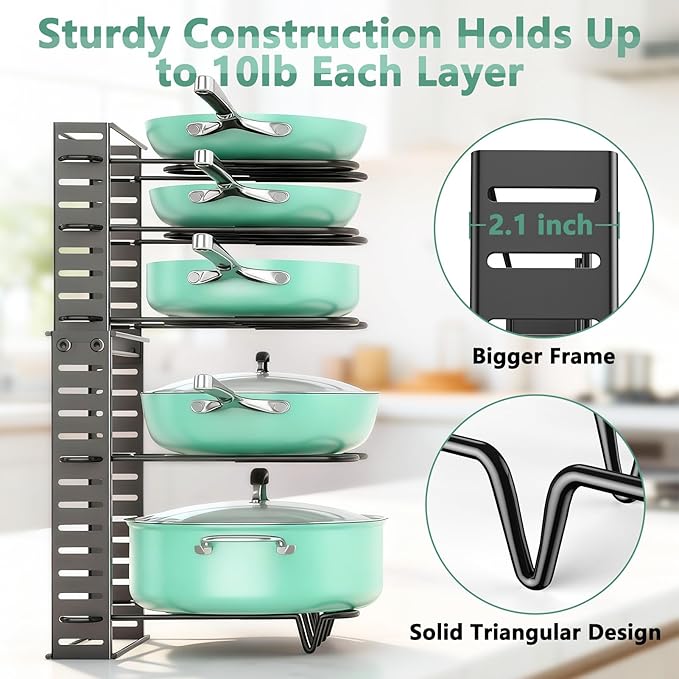 Pots and Pans Organizer Under Cabinet Expandable, 8-Tier Adjustable | Expandable 11.7–19", 3 DIY Modes, Tool-Free Assembly, Non-Slip, Fits Pots 6–11", For Kitchen Cabinets, Shelves & Countertops - Image 6