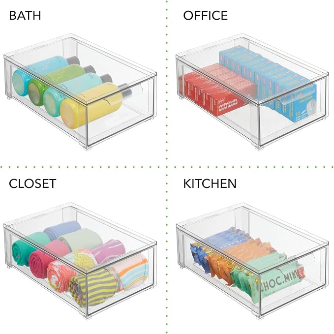 mDesign Plastic Stackable Bathroom Storage Organizer Bin with Pull Out Drawer for Cabinet, Vanity, Shelf, Cupboard, Cabinet, or Closet Organization - Lumiere Collection - 4 Pack - Clear - Image 8