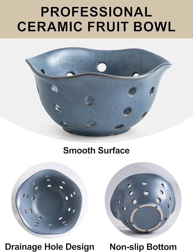 Gomakren Fruit Basket Set of 2, Ceramic Fruit Bowl Berry Basket with Holes, 7.6 Inch Fruit Containers Colander for Fridge - Farmhouse Kitchen Decor, Slate Blue - Image 8