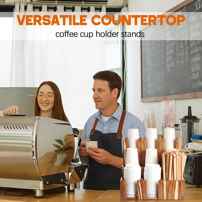 CroBlissful Acacia Vertical Coffee Cup and Lid Dispenser, Coffee Condiment Organizer, 9 Compartment for Disposable Paper & Plastic Cup, for Cabinet Station Home Countertop Bar 13''L x 13''W x 12''H - Image 5
