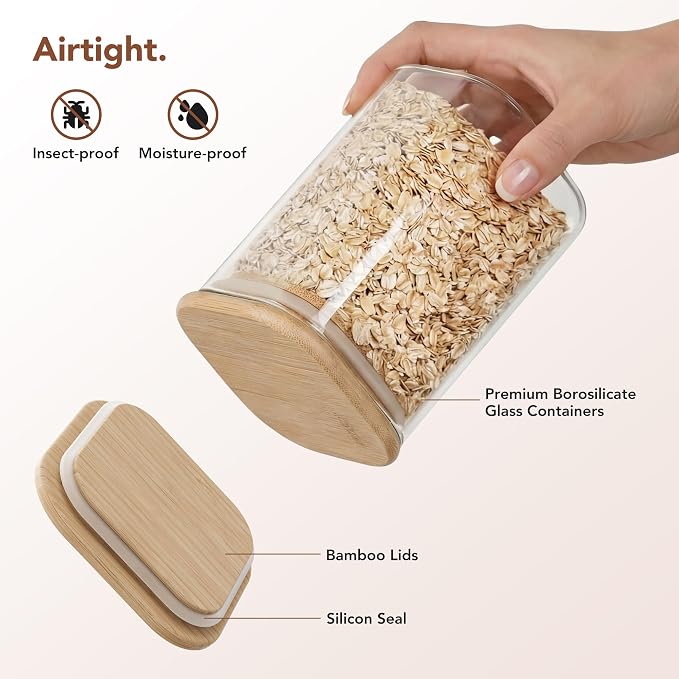 Square Glass Pasta Storage Containers, Set of 5, Pantry Organization & Storage Jars with Bamboo Lids, Stackable Borosilicate Kitchen Canisters for spaghetti, Sugar, Coffee, and Cereal - Image 3