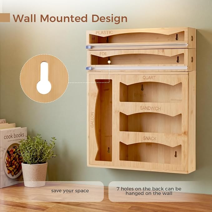 6-in-1 Bamboo Kitchen Drawer Organizer for Storage Bag, Foil & Plastic Wrap - Image 8