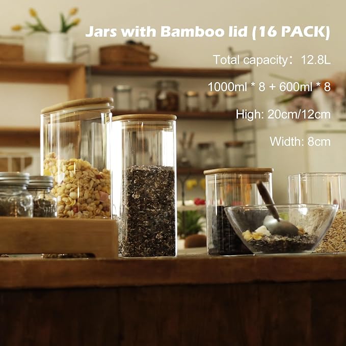 LIBWYS 16-Pack Square Glass Storage Jars with Bamboo Lids (0.6Qt/1.06Qt) | Stackable Dry Food Containers for Pantry Organization, Coffee, Flour, Snacks, Tea, Pasta, Spaghetti | Kitchen Canisters Set - Image 6