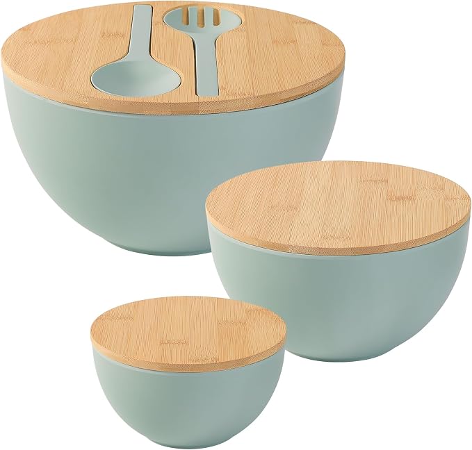 ECOWAY Salad Bowls Set of 3 with Lid & Serving Utensils, Bamboo Fiber Mixing Bowls Set Large Serving Bowls & Storage Set with Bamboo Lid for Salad, Kitchen Eating, Pasta, Popcorn, Chips, Fruit, Cyan by ECWAY