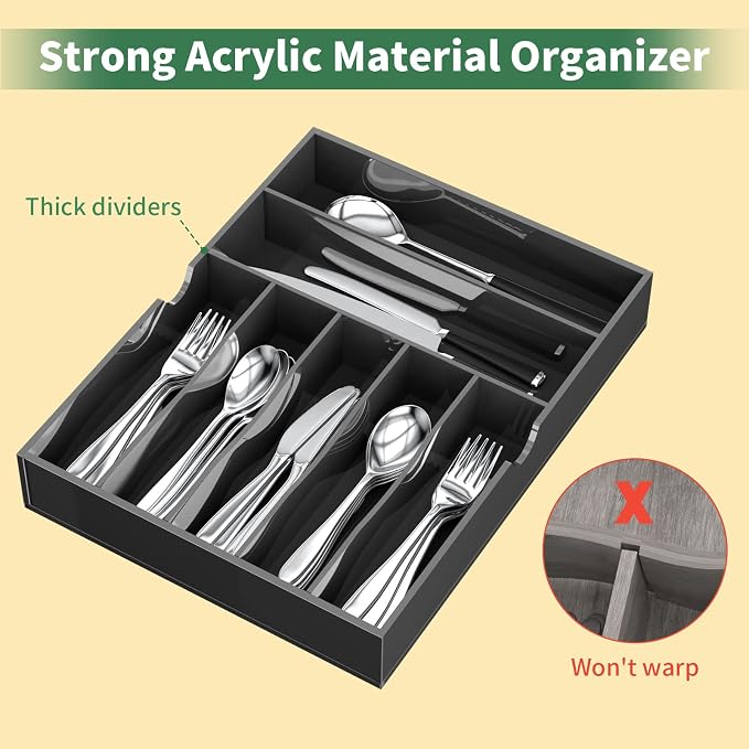 NIUBEE Acrylic Utensil Silverware Tray for Drawer, Cutlery Organizer, Black | Expandable Silverware Organizer for Flatware, 9 Compartments Adjustable Utensil Organizer,Clear Silverware Holder for Kitchen - Image 2