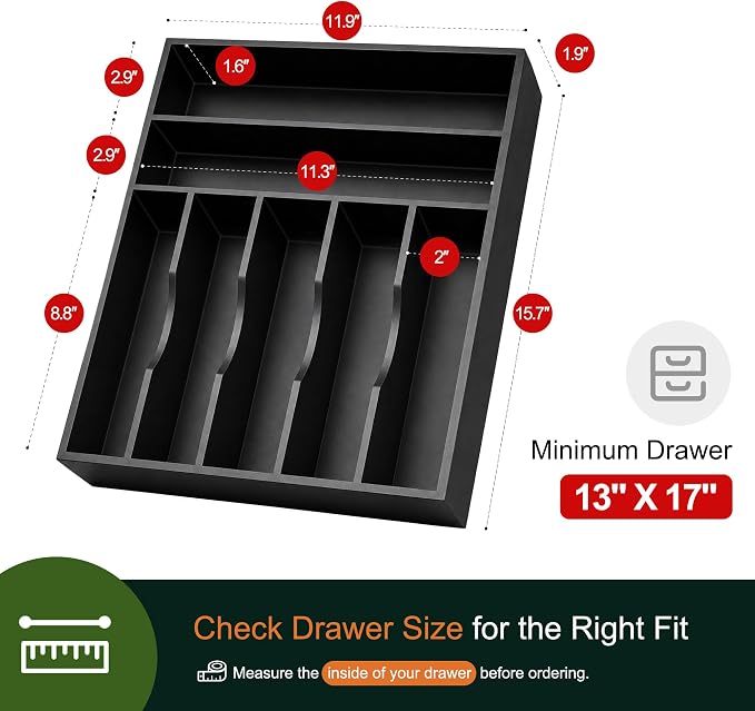 Kitchen Bamboo Silverware Organizer, Kitchen Drawer Organizer - Utensil Holder and Cutlery Tray with Grooved Drawer Dividers for Flatware 7 Slot, Black - Image 2