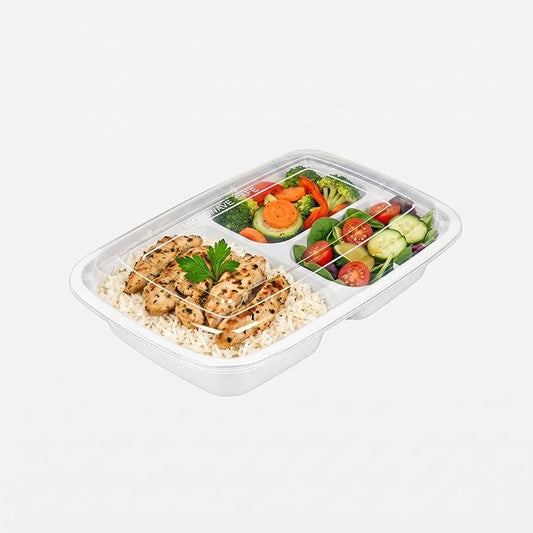 Restaurantware Asporto 26 Ounce Compartment Take Out Boxes, 100 Microwavable Meal Prep Containers - 3 Compartments, With Clear Plastic Lids, White Plastic Food Containers, Do Not Contain BPA by Restaurantware
