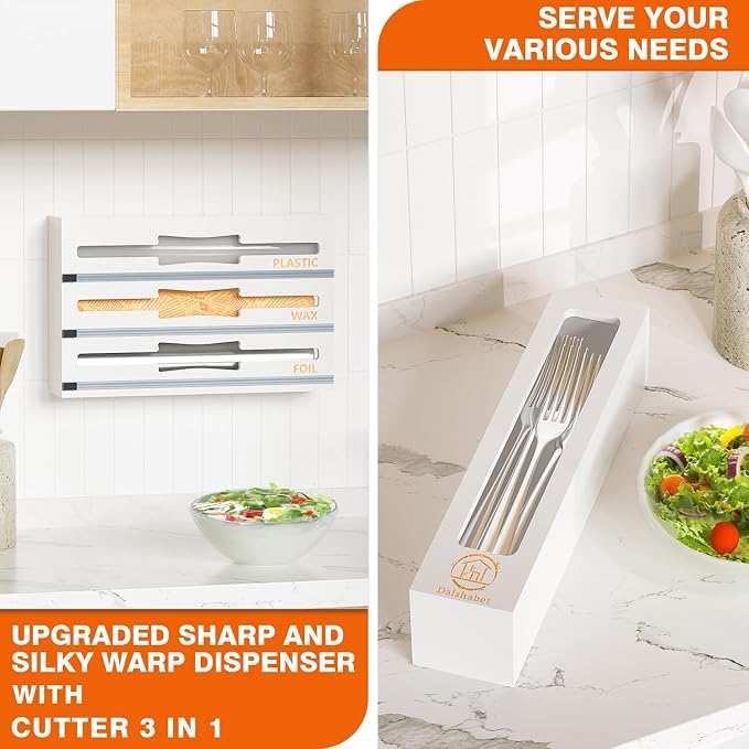 DALSHABET 9 IN1 Bamboo Storage Bag Drawer Organizer with Cutter, Foil and Plastic Wrap Dispenser for Kitchen Storage Compatible with All Brands Gallon, Quart, Sandwich & Snack Size Bags - White - Image 7