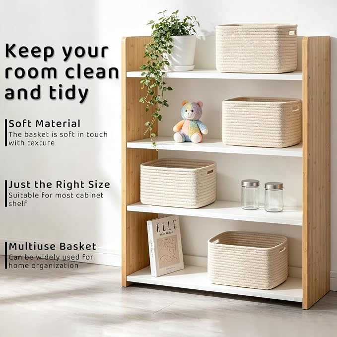 4 Pack Storage Baskets for Organizing, 11''Lx9''Wx8''H Woven Baskets for Storage Toys, Towels, Books, and Clothes, Cotton Rope Basket for Shelves with Handle - Image 5