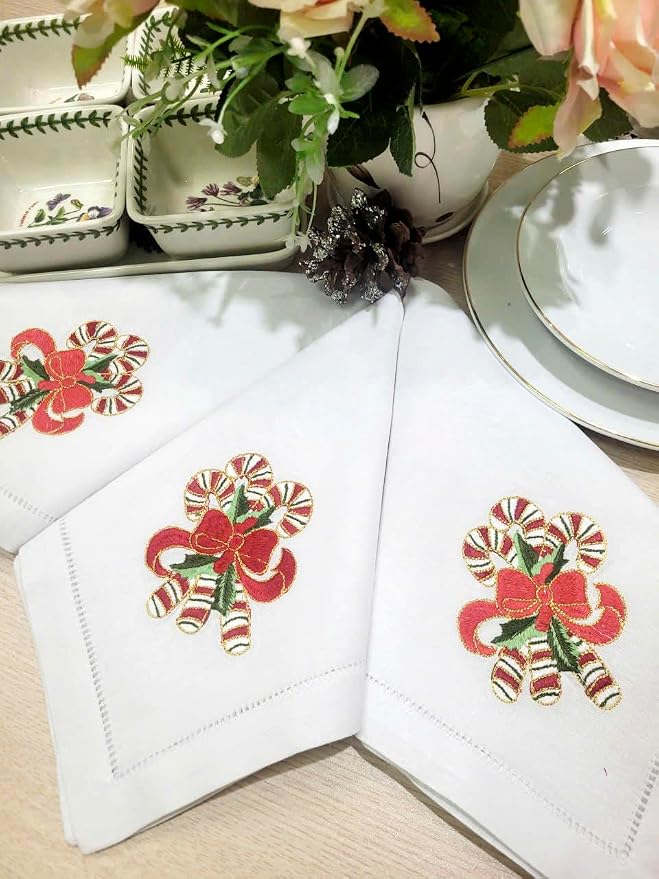 Embroidered Cloth Napkin – Red Candy Cane Christmas Cotton Napkins, Set of 6, 20x20 Hemstitch Table Napkin – Machine Washable – Ideal for Daily Use, Giving - Image 7