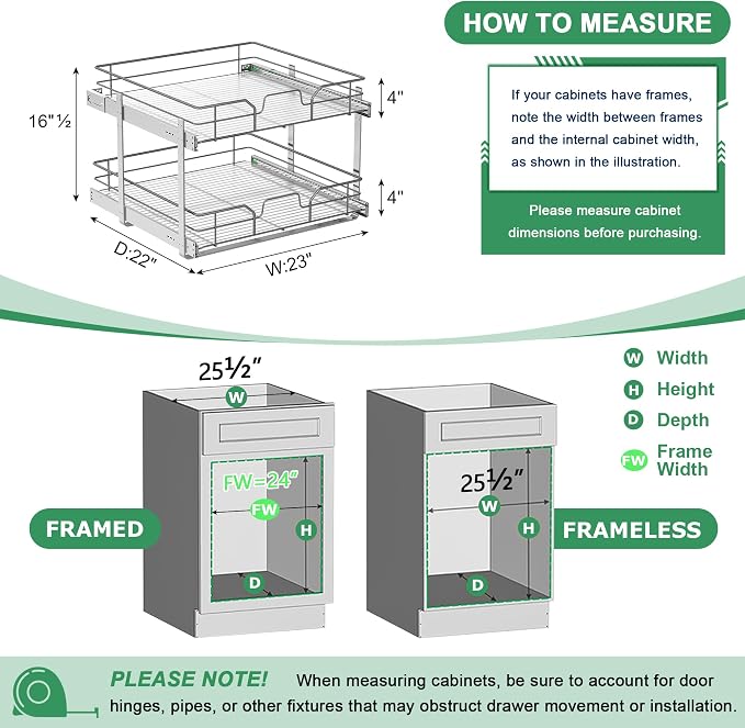 2-Tier Pull Out Cabinet Organizer (23" W x 22" D) | Soft Close Cabinet Slide Out Shelves, Heavy Duty Slide Out Drawers with Shelf Liner for Kitchen Cabinets, Pantry, Bathroom - Image 3