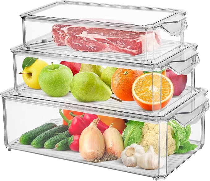 Fridge Organisers Bins Set of 3, Stackable Clear Fridge Storage Containers with Lids, Plastic Refrigerator Storage Box for Kitchen Pantry Freezer Cupboards by Chuboir