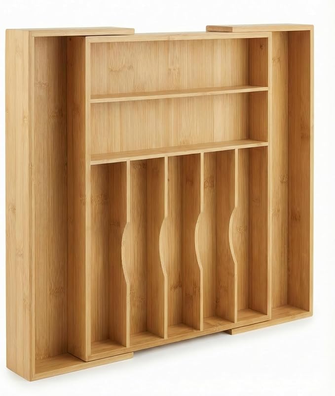 Expandable Bamboo Silverware Drawer Organizer, 5-7 Compartments | Expands to Fit Most Drawers, 5-7 Compartments, Dual-Zone Storage for Flatware and Large Utensils by Unknown
