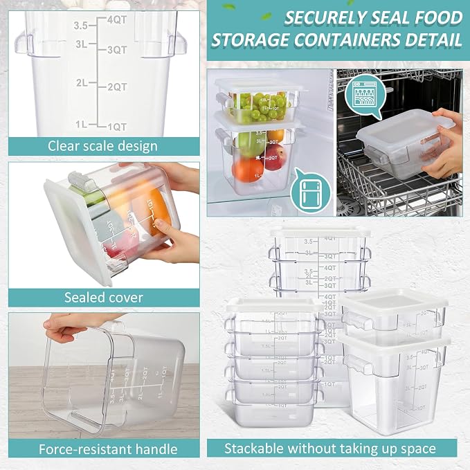 Yungyan 16 Pcs Restaurant Food Storage Containers with Lids Set 2Qt and 4Qt Commercial Restaurant Square Storage Containers Clear Food Cereal Container for Kitchen Freezer (White Lids) - Image 3