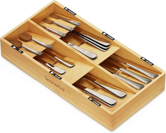 SpaceAid Bamboo Silverware Drawer Organizer with Labels, Kitchen Utensil Tray Holder Organizer for Flatware, Cutlery, Spoon and Knives Drawer Storage Organization (Natural, 6 Slots) by SpaceAid