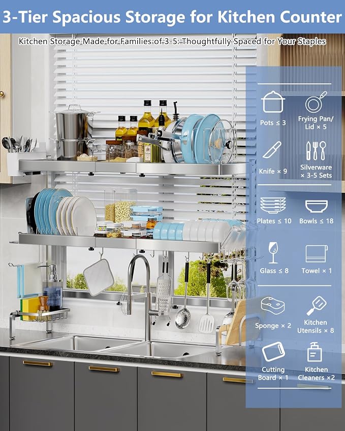3 Tier Extra Large Over The Sink Dish Drying Rack, Expandable Stainless Steel Dish Drainer with Multifunctional Organizer, Space-Saving Above Sink Dish Rack with Large Capacity for Kitchen Counter - Image 3