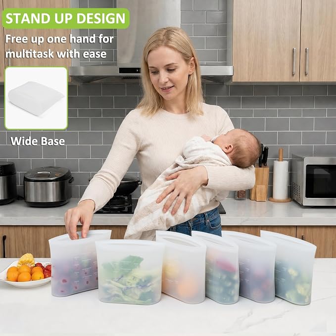 Reusable Silicone Food Storage Bags Quart 4 Pack, Stand Up Ziplock Reusable Freezer Sandwich Bag Containers for Food Travel, Freezer Microwave Oven Dishwasher Safe, Translucent, 33.8fl.oz - Image 3