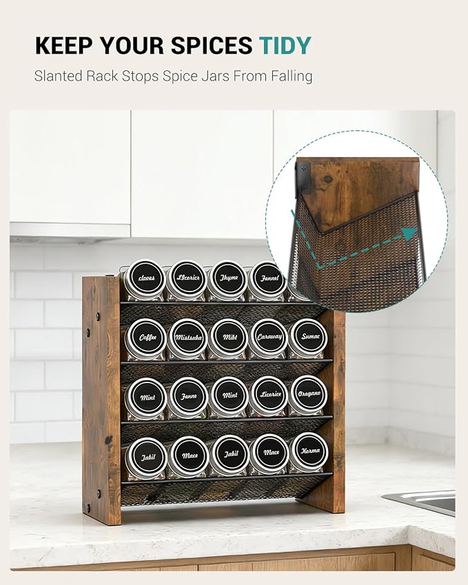 NESAPTO Spice Rack Organizer with 20 Glass Spice Jars, Wood 4-Tier Seasoning Organizer with Labels for Cabinet, Pantry, Countertop or Wall Mount, Chalk Marker and Funnel Set, 10.3" W × 9.4" H - Image 3