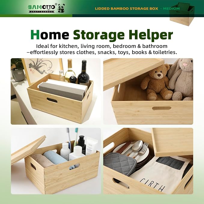 BAMOTTO CRAFTBAMBOO Stackable Bamboo Storage Bin with Lid 14.6"x10.2"x6.5" | Lower Profile | Cutout Handles | Natural Bamboo Box for Kitchen Pantry Office Closet, Organize Tableware Clothing Toys Books - Image 4