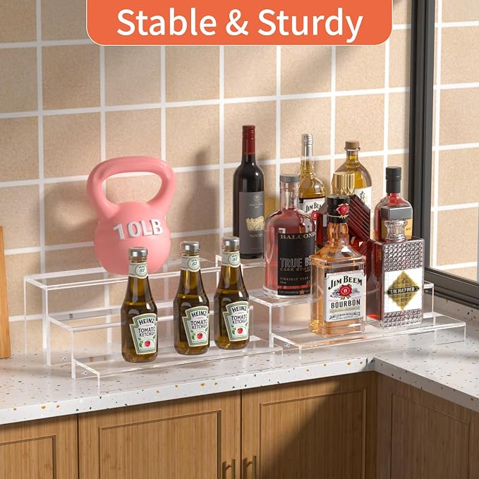 JUESHA 3 Tiers Bar Shelves for Liquor Bottles (Patent: D1076520S) | 15" Bar Organizer for Countertop, Clear Acrylic Risers Display Racks Stands for Figures Pops Cupcake Perfume Collections - Image 4